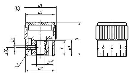 Botão recartilhado, forma C, com escalas padronizadas