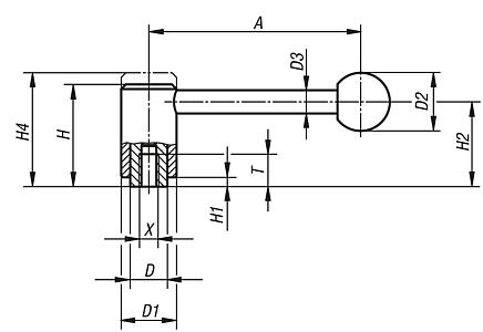 Tension Levers in stainless steel with internal thread, 0 degrees