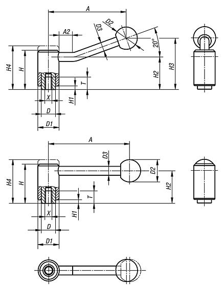 Tension levers internal thread, stainless steel