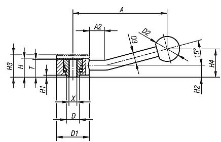 Tension levers flat, internal thread, 15°