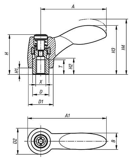 Clamping levers 2K with internal thread, threaded insert black oxidised steel - inch