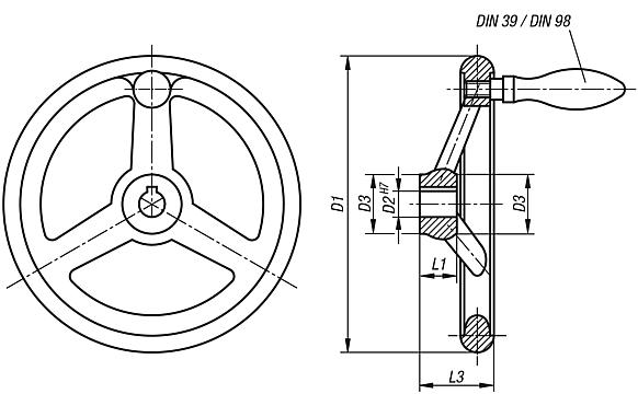 Handwheels DIN 950, aluminium, with revolving grip