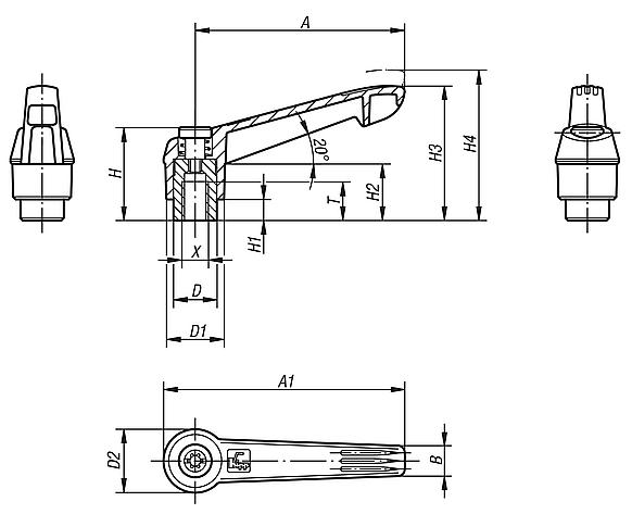 Clamping levers, plastic, antibacterial with internal thread, threaded insert stainless steel