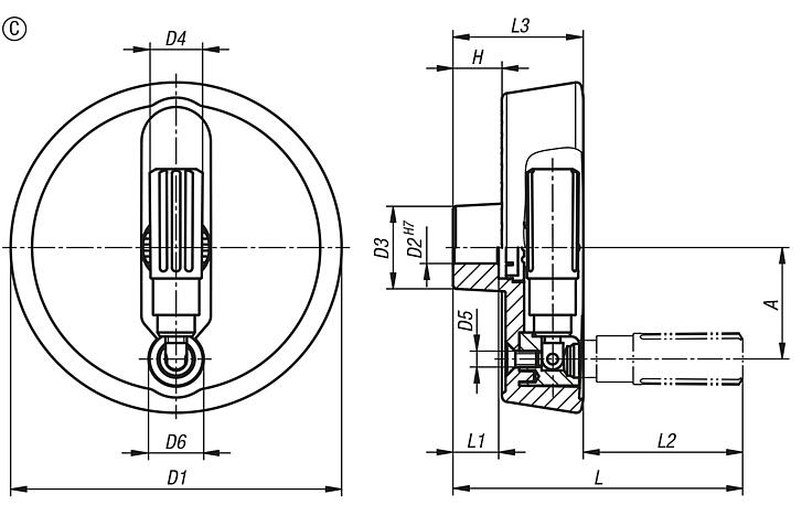 Disc handwheels, aluminium with fold-down cylindrical grip, Form C with reamed hole and keyway