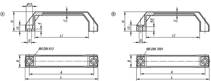 Puxadores de plástico com design estreito e cantos oblíquos em ambos os lados