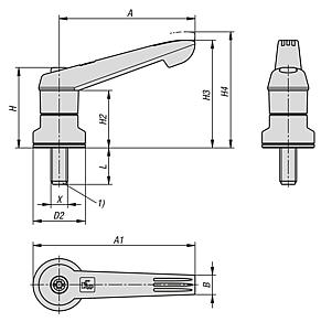 Alavancas de aperto de plástico com rosca macho, elemento de reforço para o aumento da força de fixação, inserto roscado de aço inoxidável