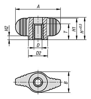 Manípulos borboleta „Miniwing“ com rosca fêmea passante - inch