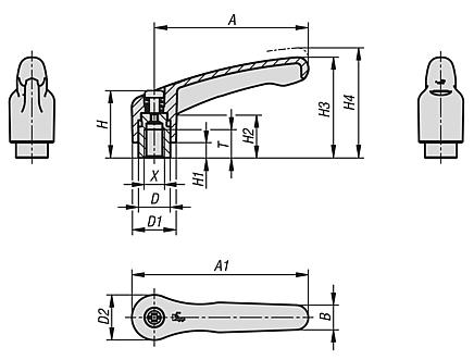 Clamping levers, plastic with internal thread, threaded insert black oxidised steel