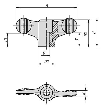 Manípulos borboleta com rosca interna passante - inch