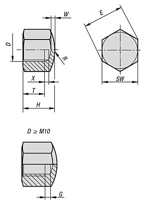 Hex cap nut, low style DIN 917 steel or stainless steel