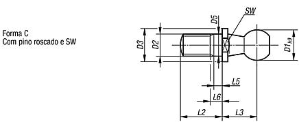 Pino esférico para articulações angulares DIN 71803 forma C