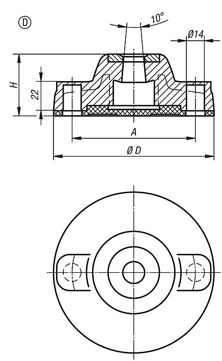 Base para pés niveladores de plástico, em versão pesada, forma D