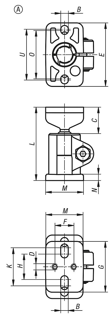 Abraçadeira de conexão tubular com pedestal em alumínio e articulação esférica, forma A