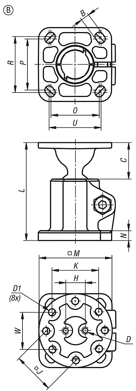 Abraçadeira de conexão tubular com pedestal em alumínio e articulação esférica, forma B