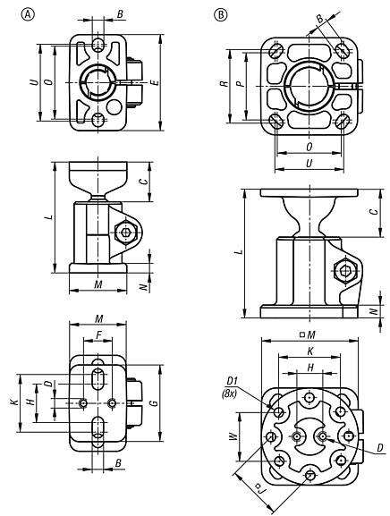Abraçadeira de conexão tubular com pedestal em alumínio e articulação esférica