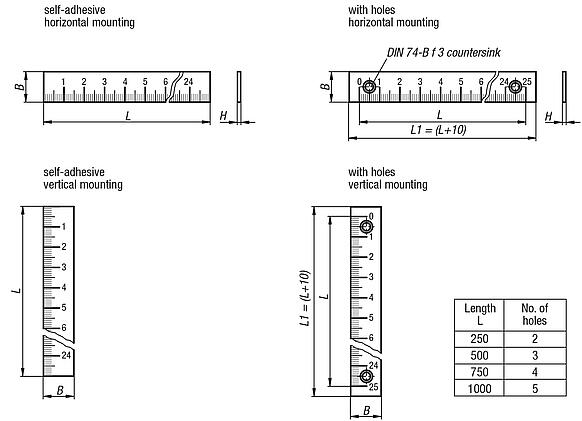 Linear scales, aluminium, self-adhesive or with holes, thickness 2 mm
