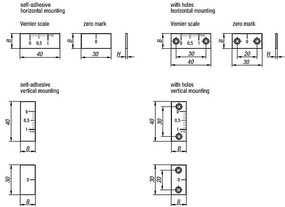 Vernier scale and zero marks, aluminium, self-adhesive or with holes, thickness 2 mm