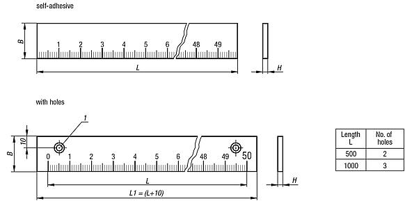 Linear scales, aluminium, self-adhesive or with holes, thickness 6 mm