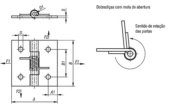 Dobradiças de mola de aço, aço inoxidável ou alumínio 50 mm, mola de abertura