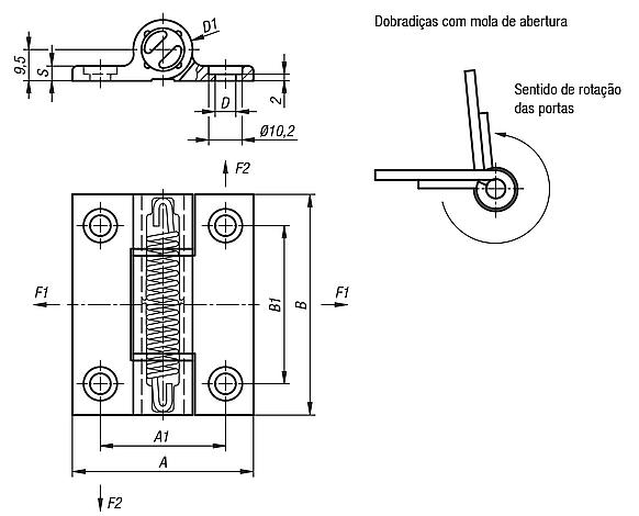 Dobradiças de mola Dobradiças com mola de tração e perfil em alumínio 0,7 Nm, mola de abertura