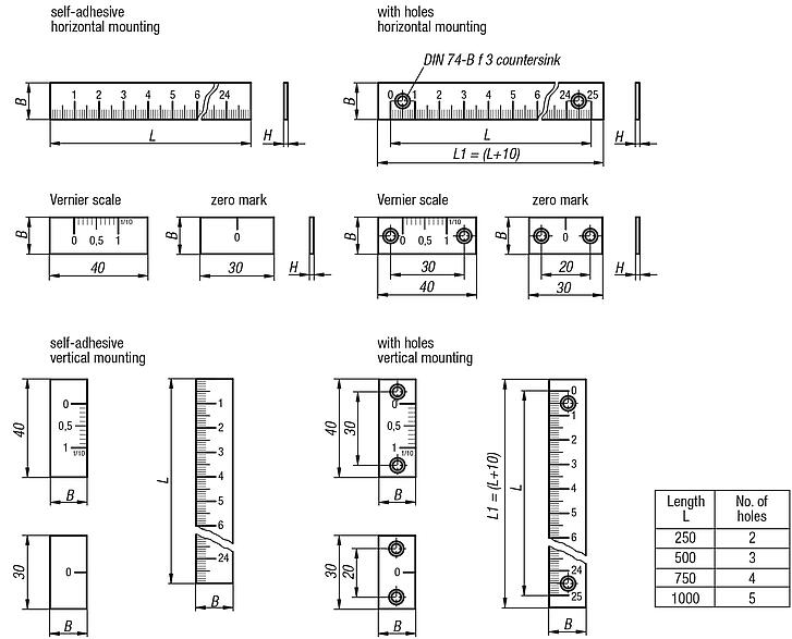 Linear scales, aluminium, self-adhesive or with holes, thickness 2 mm