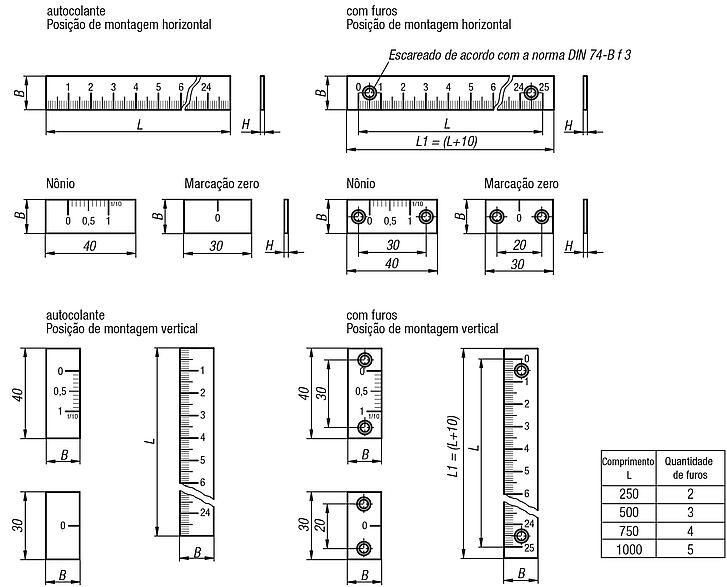 Escalas em alumínio autocolante ou com furos