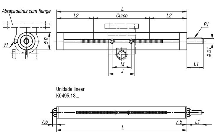 Unidades lineares com fuso de rosca trapezoidal, em aço, com mancais de rolamento de esferas ou lisos