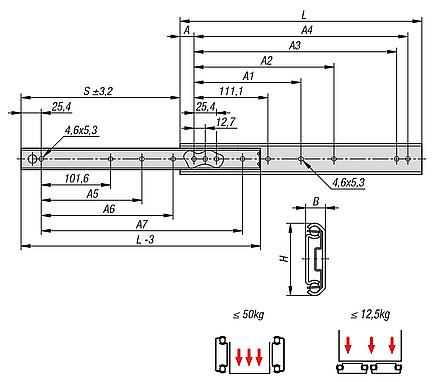 Trilhos telescópicos de açopara montagem lateral, extensão parcial, capacidade de carga até 50 kg