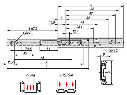 Trilhos telescópicos de aço para montagem lateral, extensão parcial, capacidade de carga até 65 kg