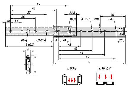 Trilhos telescópicos de aço inoxidável para montagem lateral, extensão parcial, capacidade de carga até 65 kg