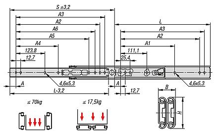 Telescopic slides, steel for side mounting, over-extension, load capacity up to 70 kg
