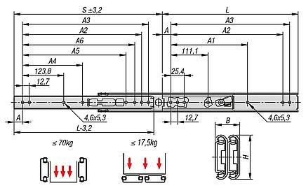 Telescopic slides, stainless steel for side mounting, over-extension, load capacity up to 70 kg