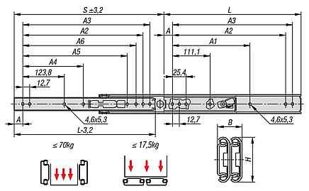 Trilhos telescópicos de aço inoxidável para montagem lateral, extensão excedente, capacidade de carga até 70 kg