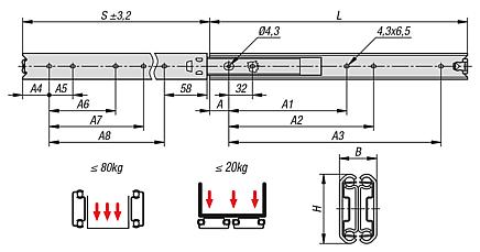 Trilhos telescópicos de aço inoxidável para montagem lateral, extensão total, capacidade de carga até 80 kg