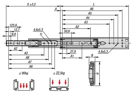 Trilhos telescópicos de aço inoxidável para montagem lateral, extensão excedente, capacidade de carga até 90 kg