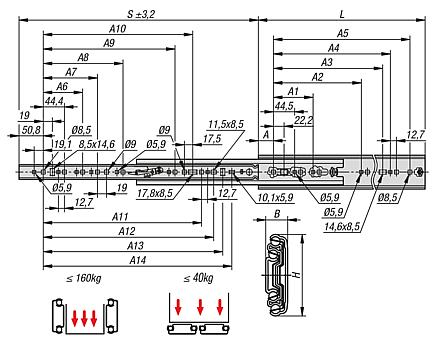 Trilhos telescópicos de aço para montagem lateral, extensão total, capacidade de carga até 160 kg