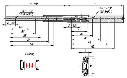 Trilhos telescópicos de aço para montagem lateral, extensão excedente, capacidade de carga até 160 kg