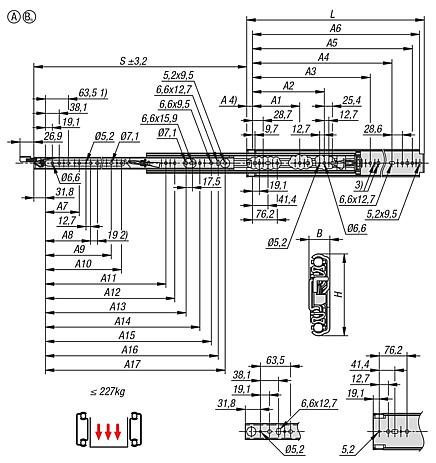 Trilhos telescópicos de aço para montagem lateral, extensão total, capacidade de carga até 272 kg, forma B, direita