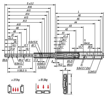 Trilhos telescópicos de aço para montagem lateral, extensão total, capacidade de carga até 272 kg