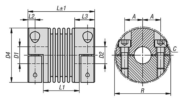 Acoplamentos sanfonados de metal, miniatura com cubo de aperto removível