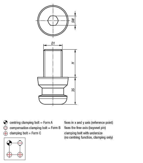 UNILOCK clamping bolts with threaded pin size 80 mm