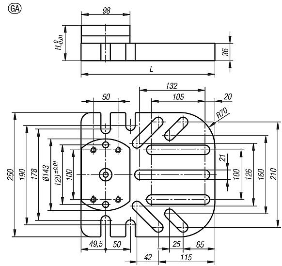 Placa básica para o sistema de 5 eixos UNILOCK de fixação universal, versão grande, tamanho de sistema 80 mm