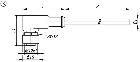 Conector de encaixe bucha M12x1 com trava de aparafusamento, forma B, bucha, cantos angulares