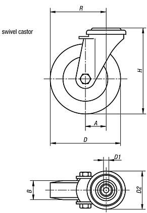 Appliance swivel castors, electrically conductive, with rubber tread, standard version