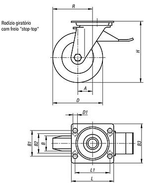 Rodízio giratório com freio "stop-top"