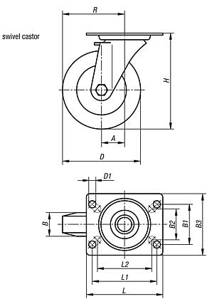 Steel plate swivel castors with soft rubber tyres