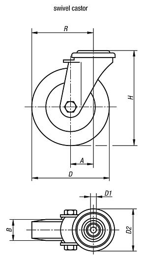 Swivel castors, stainless steel, with bolt hole and polyurethane tread, for sterile areas
