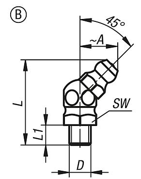 Niple com bico dosador de lubrificação em forma de cone, de acordo com a norma DIN 71412, forma B, ângulo de 45°, sextavado