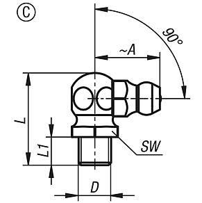 Niple com bico dosador de lubrificação em forma de cone, de acordo com a norma DIN 71412, forma C, ângulo de 90°, sextavado