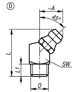 Niple com bico dosador de lubrificação em forma de cone, de acordo com a norma DIN 71412, forma D, ângulo de 45°, quadrado